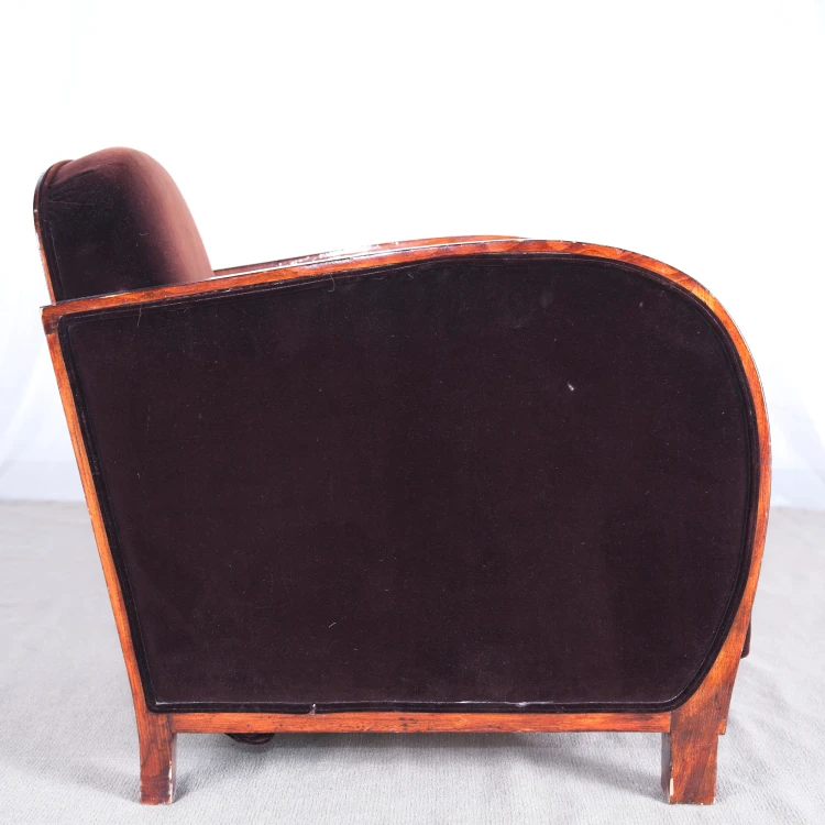 Fotel klubowy gondolowy tapicerowany 64 cm lite drewno art déco oryginał. Wyposażenie hotelu Rialto. Używane meble hotelowe, wyposażenie hotelu, wyprzedaż mebli hotelowych. meblerialto.pl