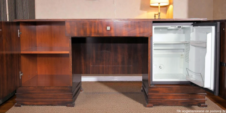 Biurko gabinetowe 167 cm belgijskie art déco lite drewno minibar. Wyposażenie hotelu Rialto, Warszawa. Używane meble hotelowe, wyposażenie hotelu, wyprzedaż mebli hotelowych. meblerialto.pl