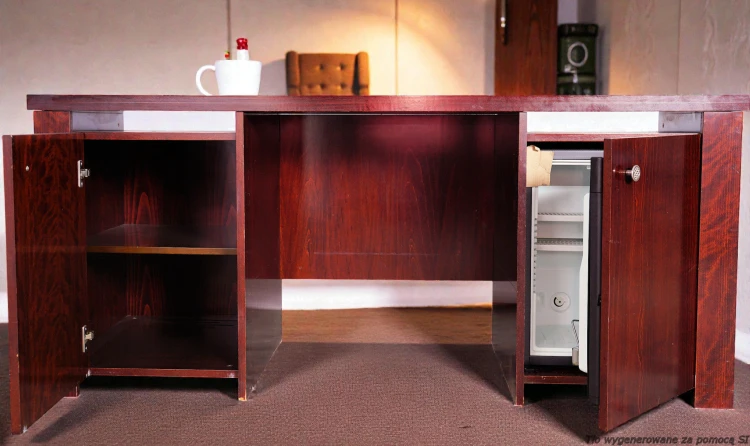 Biurko gabinetowe 172 cm belgijskie art déco lite drewno minibar. Wyposażenie hotelu Rialto, Warszawa. Używane meble hotelowe, wyposażenie hotelu, wyprzedaż mebli hotelowych. meblerialto.pl