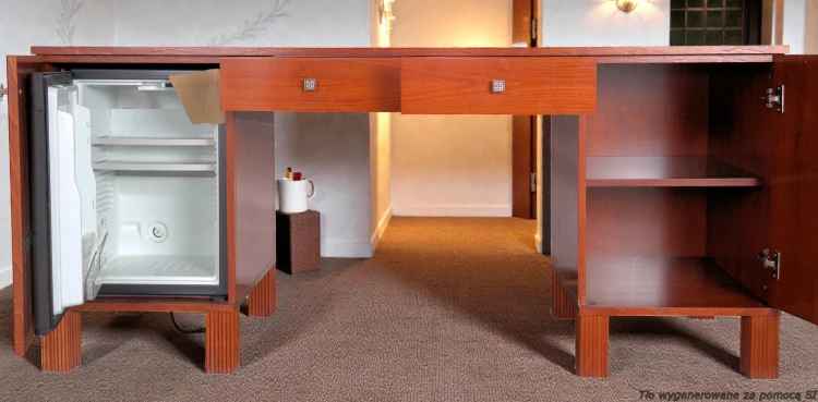 Biurko gabinetowe 174 cm belgijskie art déco lite drewno minibar. Wyposażenie hotelu Rialto, Warszawa. Używane meble hotelowe, wyposażenie hotelu, wyprzedaż mebli hotelowych. meblerialto.pl