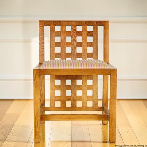 Krzesło drewniane tapicerowane art déco Ch.R. Mackintosh. Wyposażenie hotelu Rialto, Warszawa. Używane meble hotelowe, wyposażenie hotelu, wyprzedaż mebli hotelowych. meblerialto.pl