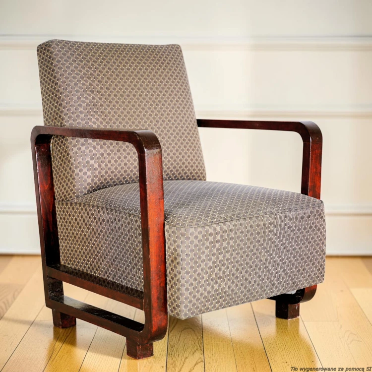 Fotel klubowy tapicerowany 63 cm lite drewno art déco oryginał. Wyposażenie hotelu Rialto. Używane meble hotelowe, wyposażenie hotelu, wyprzedaż mebli hotelowych. meblerialto.pl