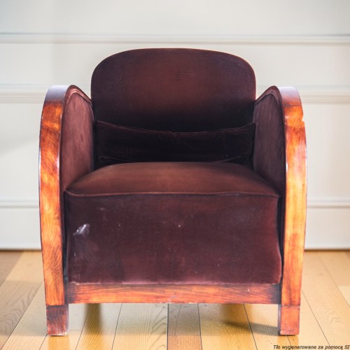 Fotel klubowy gondolowy tapicerowany 64 cm lite drewno art déco oryginał. Wyposażenie hotelu Rialto. Używane meble hotelowe, wyposażenie hotelu, wyprzedaż mebli hotelowych. meblerialto.pl