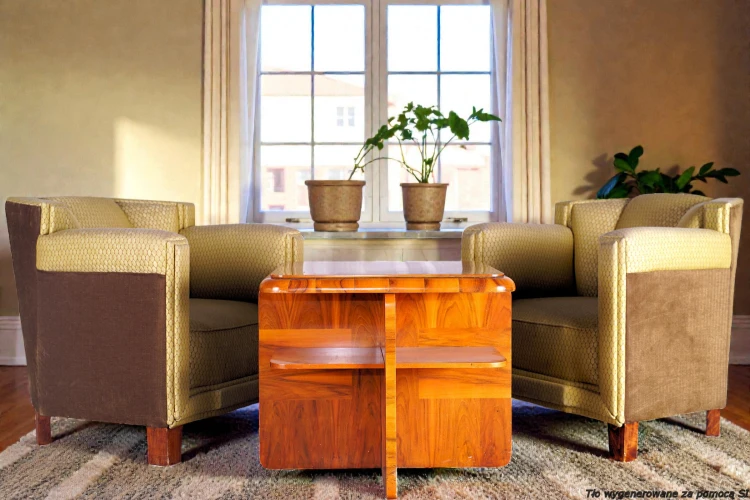 Fotel klubowy / gabinetowy drewniany 63 cm tapicerowany oryginał art déco. Wyposażenie hotelu Rialto w Warszawie. Wyprzedaż używanych mebli hotelowych: łóżka, fotele, biurka, antyki. meblerialto.pl