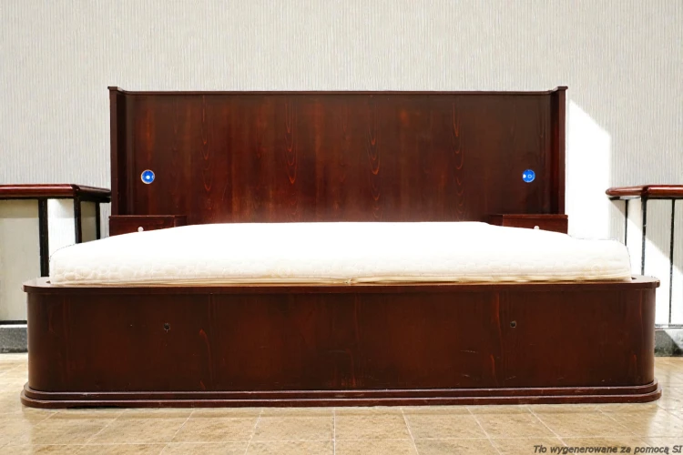 Łóżko 160 x 200 cm z wezgłowiem lite drewno stalowa rama styl art déco. Wyposażenie hotelu Rialto w Warszawie. Wyprzedaż mebli hotelowych i antyków. meblerialto.pl