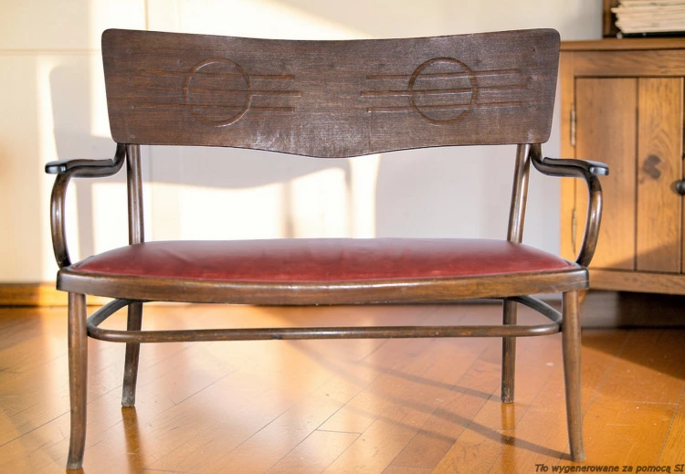 Sofa drewniana tapicerowana 2-osobowa 124 cm oryginał art déco Thonet-Mundus. Wyposażenie hotelu Rialto w Warszawie. Wyprzedaż używanych mebli hotelowych i antyków. meblerialto.pl