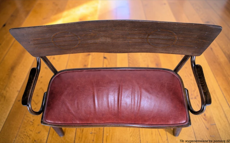 Sofa drewniana tapicerowana 2-osobowa 124 cm oryginał art déco Thonet-Mundus. Wyposażenie hotelu Rialto w Warszawie. Wyprzedaż używanych mebli hotelowych i antyków. meblerialto.pl