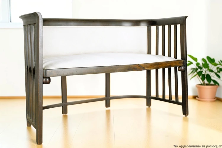 Sofa drewniana tapicerowana 2-osobowa 120 cm oryginał secesja wiedeńska M. Kammerer. Wyposażenie hotelu Rialto w Warszawie. Wyprzedaż używanych mebli hotelowych i antyków. meblerialto.pl