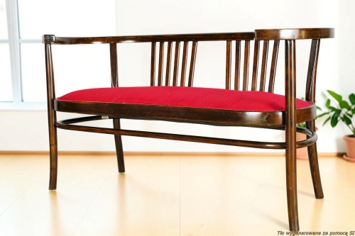 Sofa drewniana tapicerowana 2-osobowa 124 cm oryginał secesja wiedeńska / art déco. Wyposażenie hotelu Rialto w Warszawie. Wyprzedaż używanych mebli hotelowych i antyków. meblerialto.pl