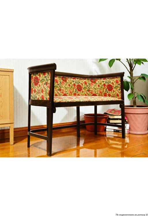 Sofa drewniana tapicerowana 2-osobowa 110 cm oryginał secesja wiedeńska J. Hoffmann Evenlode Liberty. Wyposażenie hotelu Rialto w Warszawie. Wyprzedaż używanych mebli hotelowych i antyków. meblerialto.pl