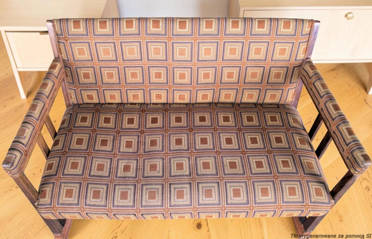 Dwuosobowa tapicerowana drewniana ławka gabinetowa 130 cm art déco oryginał Quadratl-Hoffmann.  Wyposażenie hotelu Rialto, Warszawa. Używane meble hotelowe, wyposażenie hotelu, wyprzedaż mebli hotelowych. meblerialto.pl