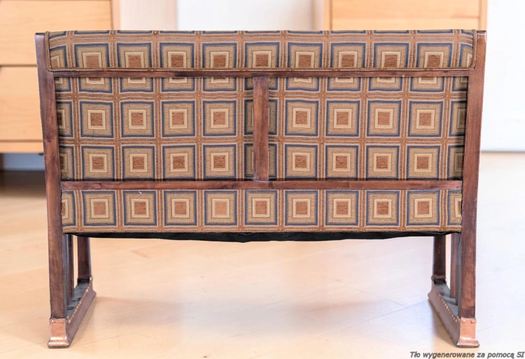 Dwuosobowa tapicerowana drewniana ławka gabinetowa 130 cm art déco oryginał Quadratl-Hoffmann.  Wyposażenie hotelu Rialto, Warszawa. Używane meble hotelowe, wyposażenie hotelu, wyprzedaż mebli hotelowych. meblerialto.pl