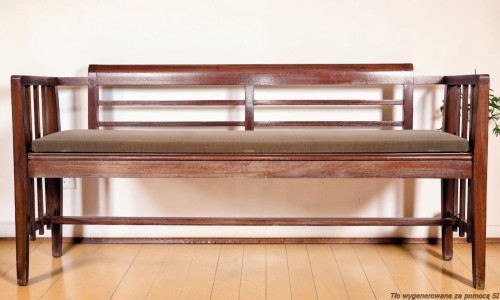 3-osobowa tapicerowana ławka drewniana 141 cm oryginał art déco Wiener Werkstätte.  Wyposażenie hotelu Rialto, Warszawa. Używane meble hotelowe, wyposażenie hotelu, wyprzedaż mebli hotelowych. meblerialto.pl
