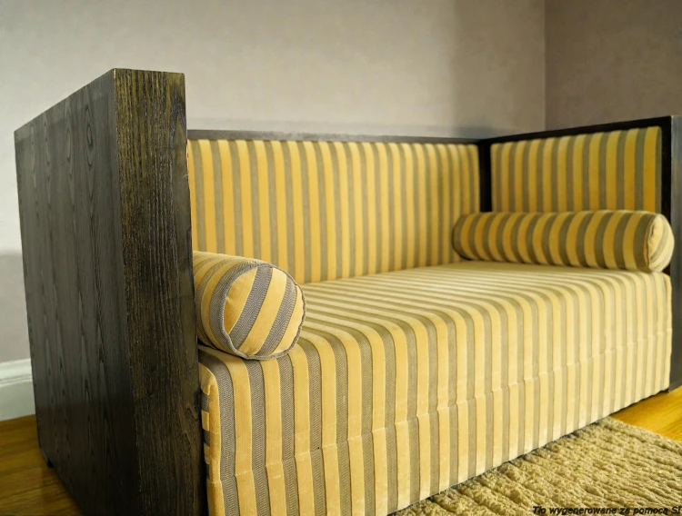 Kanapa klubowa drewniana tapicerowana 176 cm art déco Baloo Nobilis. Wyposażenie hotelu Rialto, Warszawa. Używane meble hotelowe, wyposażenie hotelu, wyprzedaż mebli hotelowych. meblerialto.pl